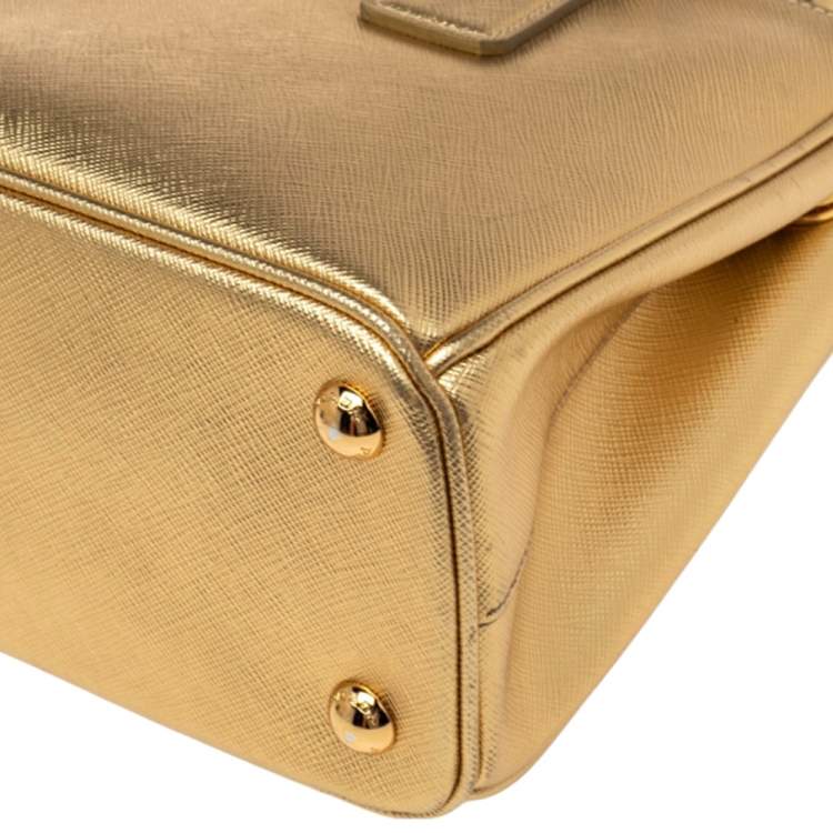 Pre Owned Prada Metallic Gold Saffiano Lux Leather Small Galleria Double Zip Tote