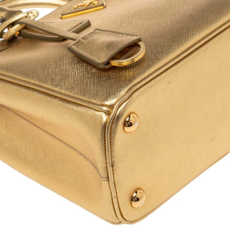 Pre Owned Prada Metallic Gold Saffiano Lux Leather Small Galleria Double Zip Tote