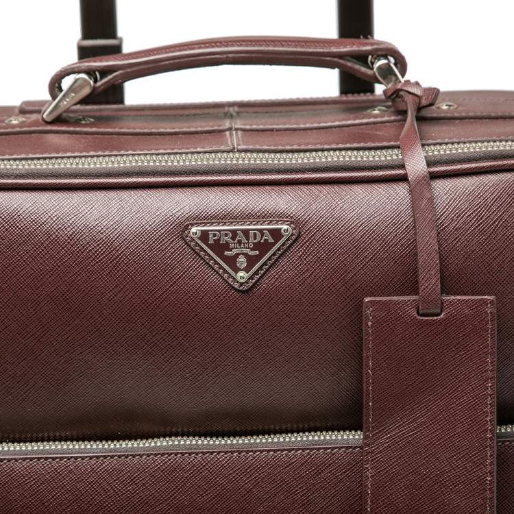 Pre Owned Prada Burgundy Saffiano Leather Travel Trolley Rolling Luggage