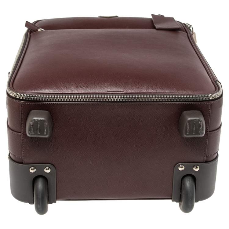 Pre Owned Prada Burgundy Saffiano Leather Travel Trolley Rolling Luggage