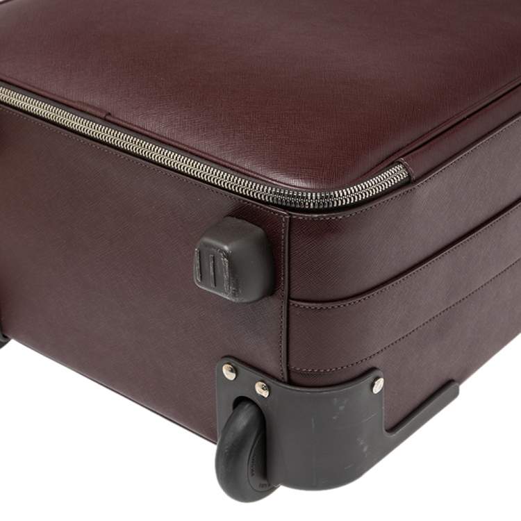 Pre Owned Prada Burgundy Saffiano Leather Travel Trolley Rolling Luggage