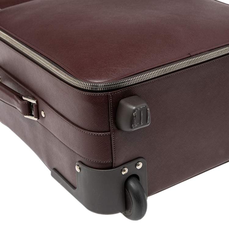 Pre Owned Prada Burgundy Saffiano Leather Travel Trolley Rolling Luggage