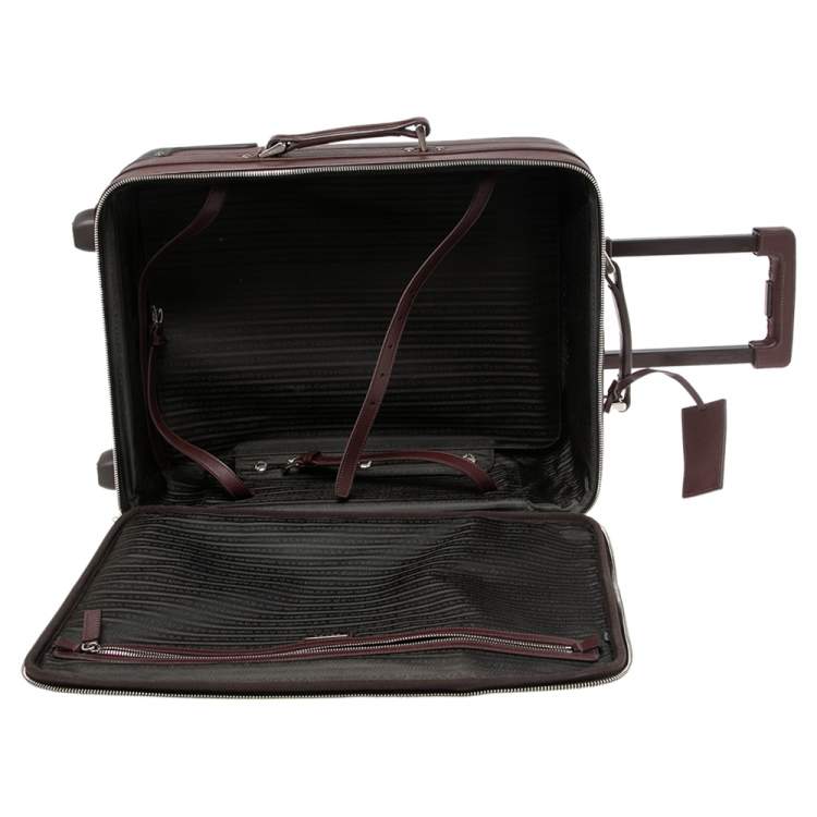 Pre Owned Prada Burgundy Saffiano Leather Travel Trolley Rolling Luggage