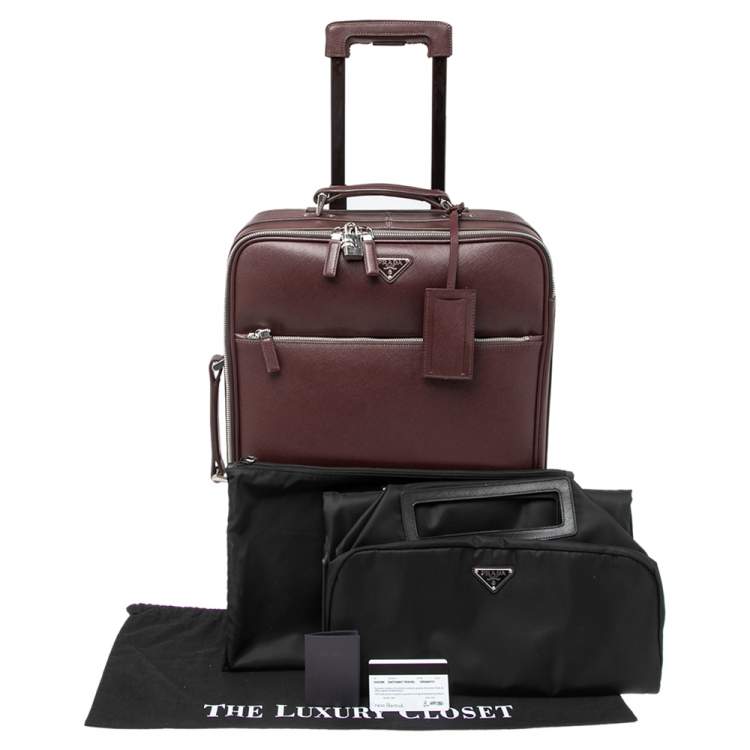 Pre Owned Prada Burgundy Saffiano Leather Travel Trolley Rolling Luggage