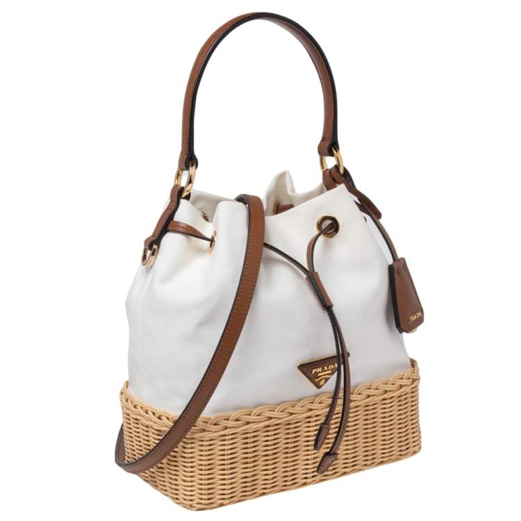 Pre Owned Prada White Canvas and Wicker Bucket Bag