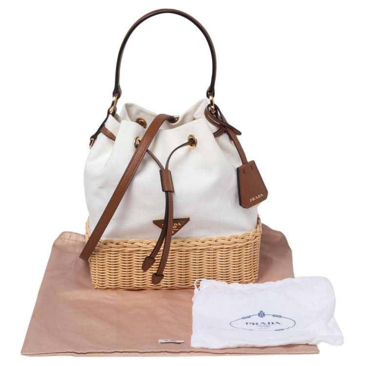 Pre Owned Prada White Canvas and Wicker Bucket Bag