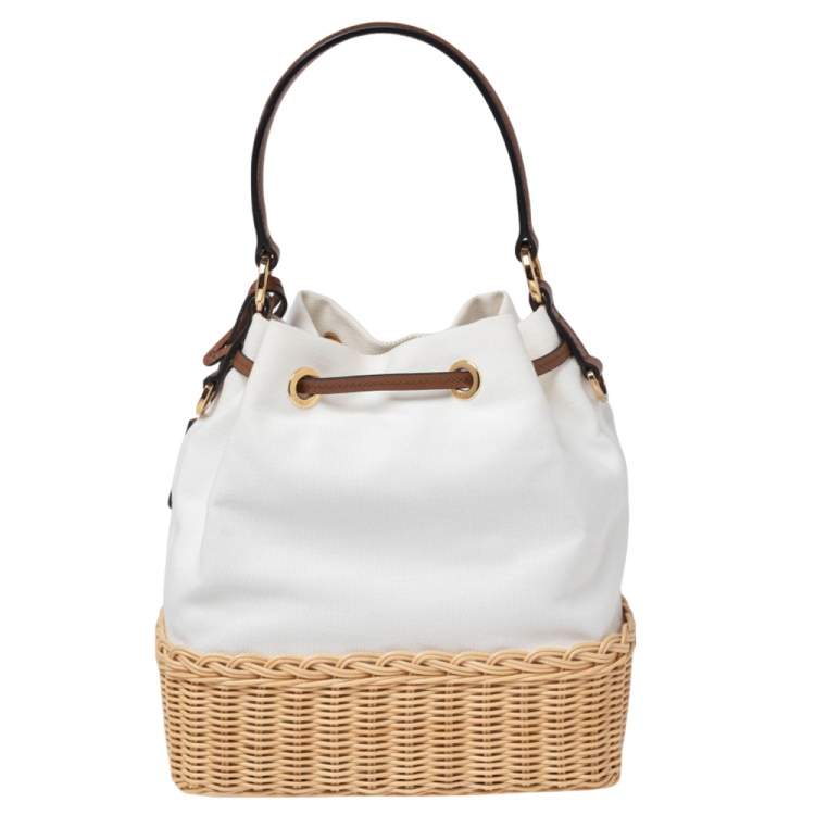 Pre Owned Prada White Canvas and Wicker Bucket Bag