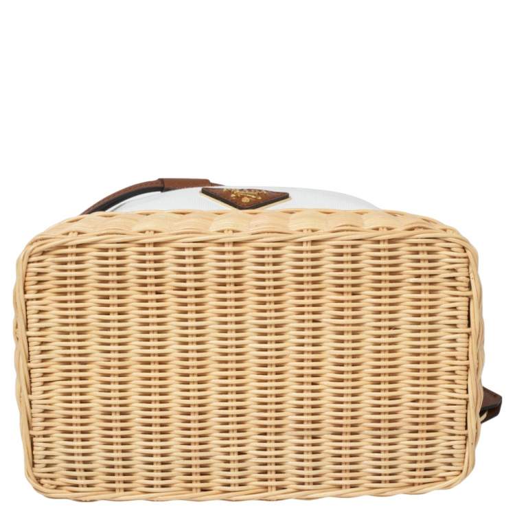Pre Owned Prada White Canvas and Wicker Bucket Bag