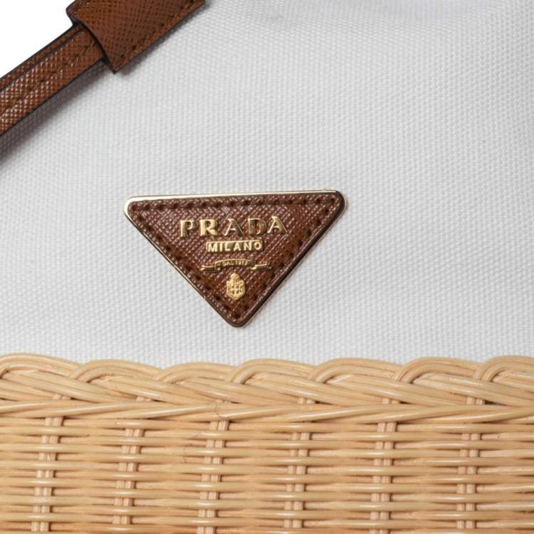 Pre Owned Prada White Canvas and Wicker Bucket Bag