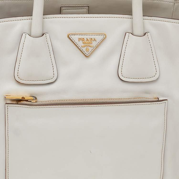 Pre Owned Prada Off White Leather Phenix Front Pocket Tote