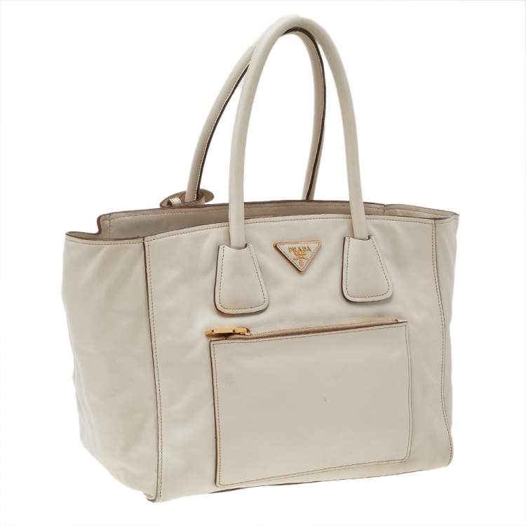 Pre Owned Prada Off White Leather Phenix Front Pocket Tote