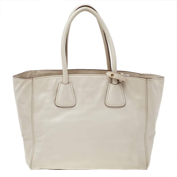Pre Owned Prada Off White Leather Phenix Front Pocket Tote