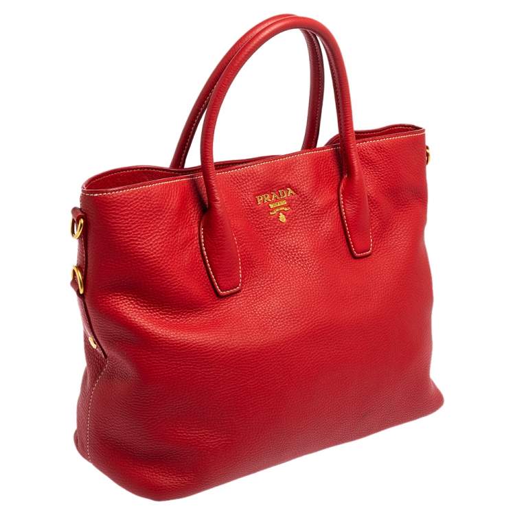 Pre Owned Prada Red Vitello Daino Leather Shopper Tote