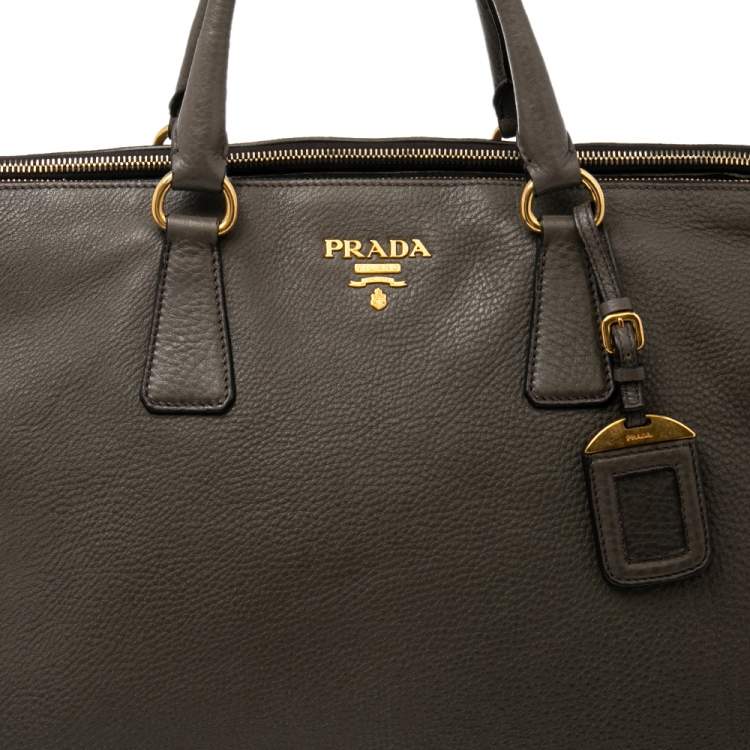 Pre Owned Prada Grey Vitello Daino Leather Double Zip Shopper Tote