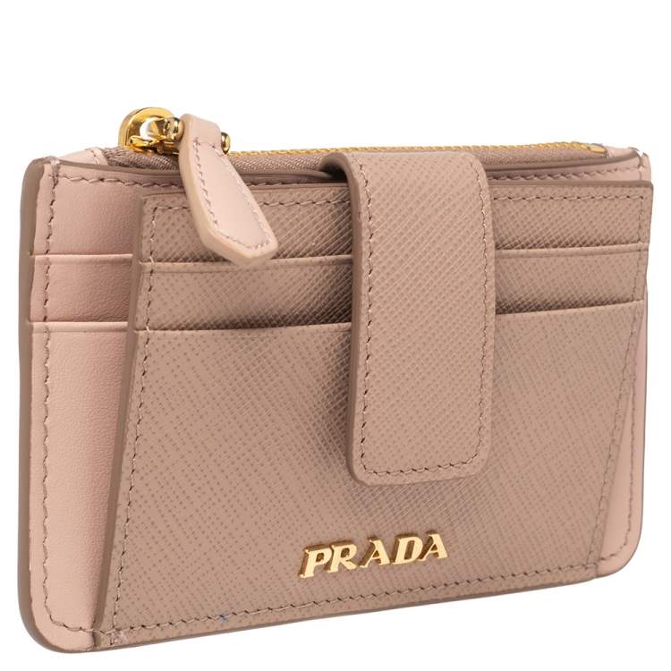Pre Owned Prada Dust Pink Saffiano Leather Zip Card Holder