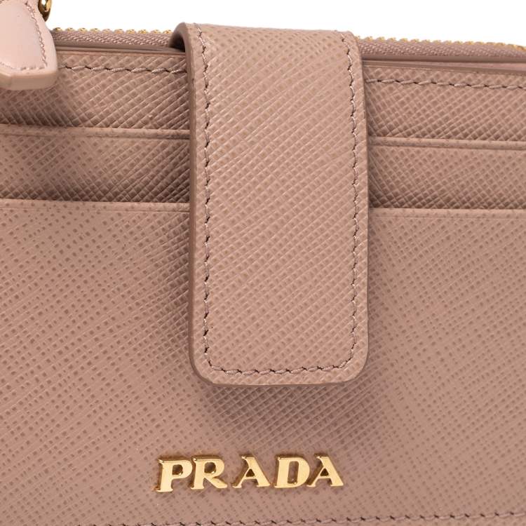 Pre Owned Prada Dust Pink Saffiano Leather Zip Card Holder