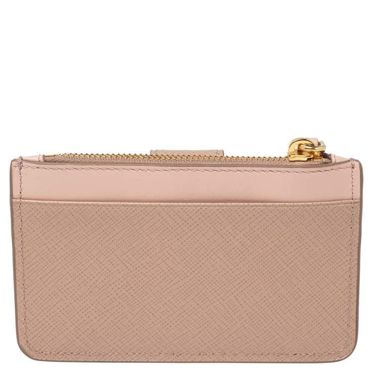 Pre Owned Prada Dust Pink Saffiano Leather Zip Card Holder