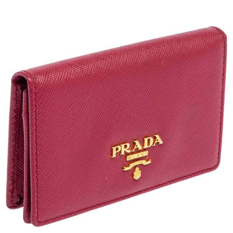 Pre Owned Prada Pink Saffiano Leather Flap Business Card Holder 