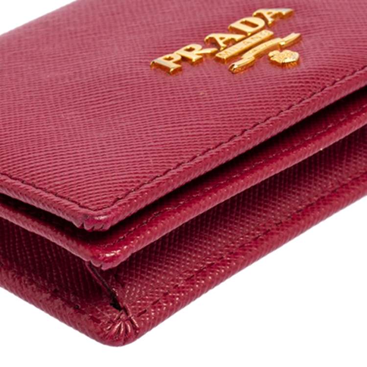 Pre Owned Prada Pink Saffiano Leather Flap Business Card Holder 