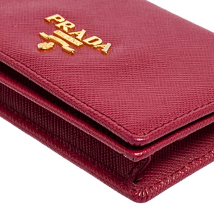 Pre Owned Prada Pink Saffiano Leather Flap Business Card Holder 