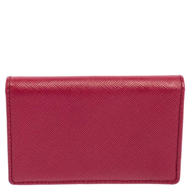 Pre Owned Prada Pink Saffiano Leather Flap Business Card Holder 