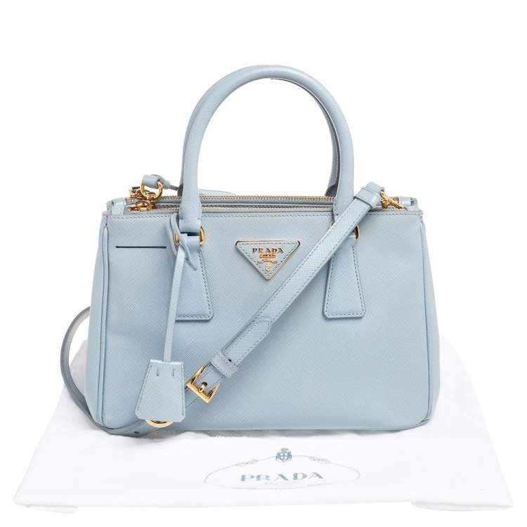Pre Owned Prada Baby Blue Saffiano Lux Leather Small Galleria Double Zip Tote