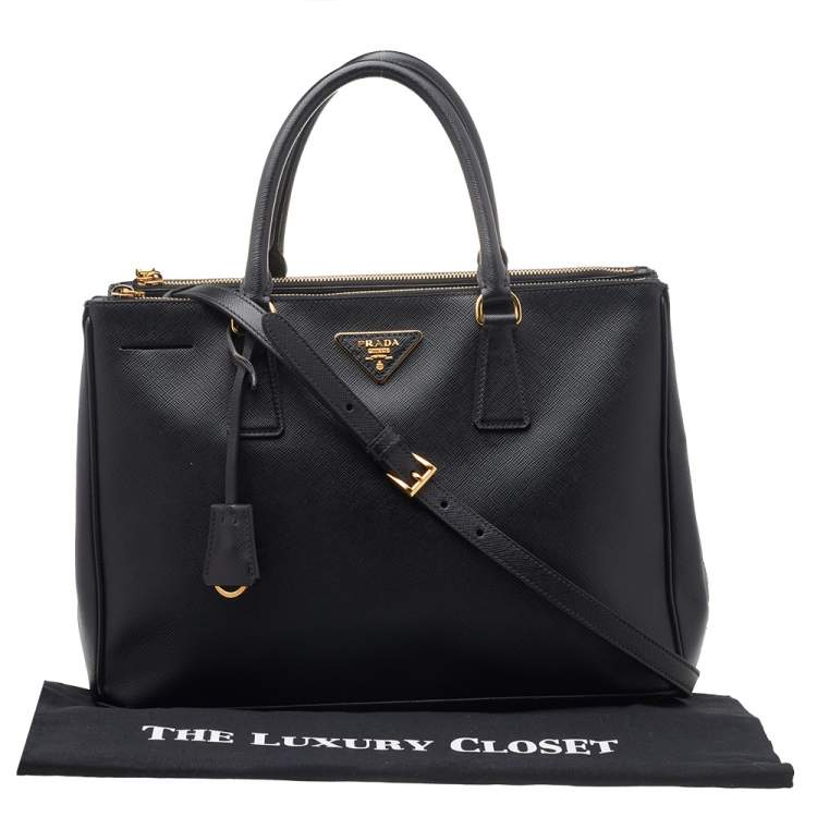 Pre Owned Prada Black Saffiano Lux Leather Medium Galleria Double Zip Tote