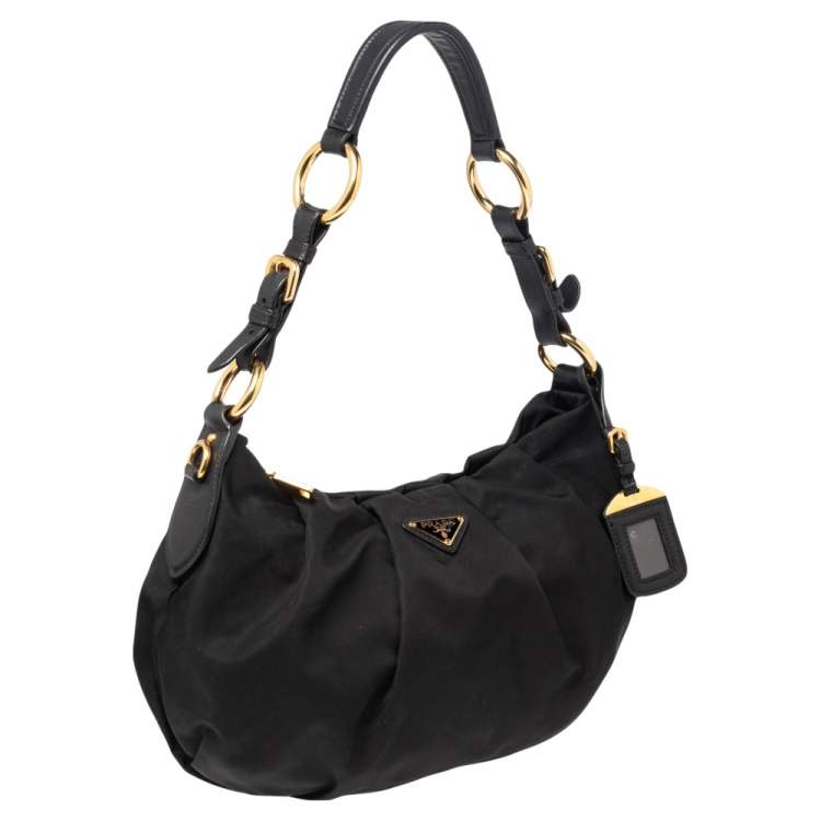 Pre Owned Prada Black Pleated Nylon and Leather Hobo 