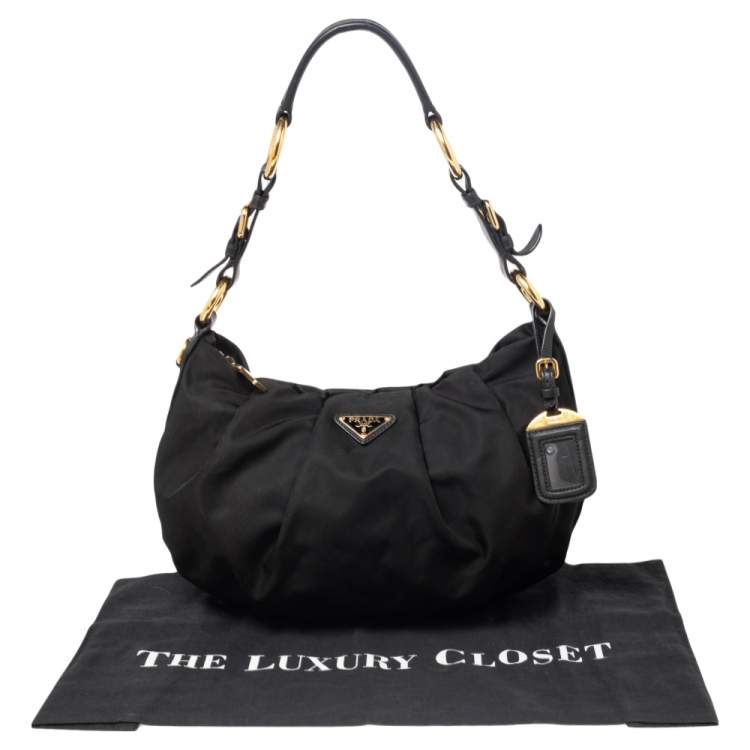 Pre Owned Prada Black Pleated Nylon and Leather Hobo 