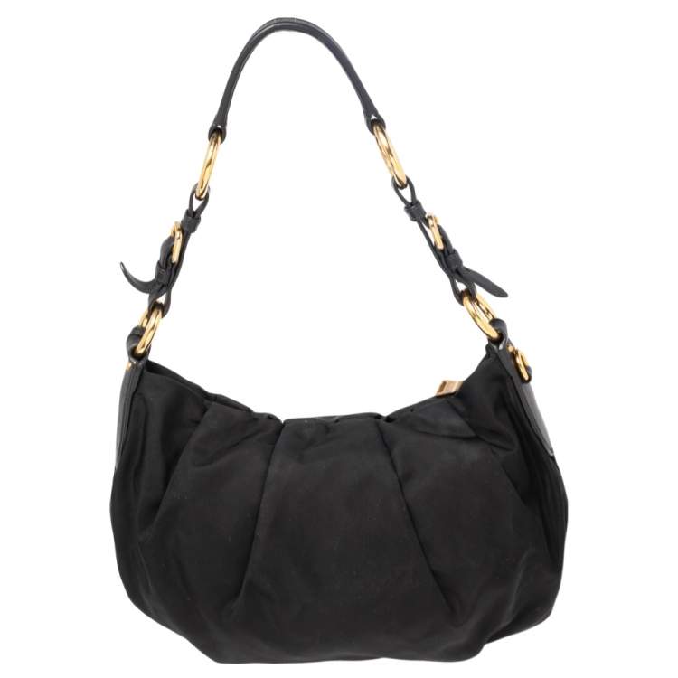 Pre Owned Prada Black Pleated Nylon and Leather Hobo 