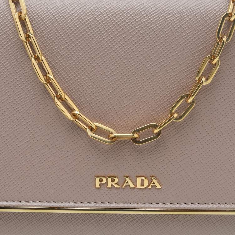 Pre Owned Prada Beige Saffiano Leather Wallet On Chain
