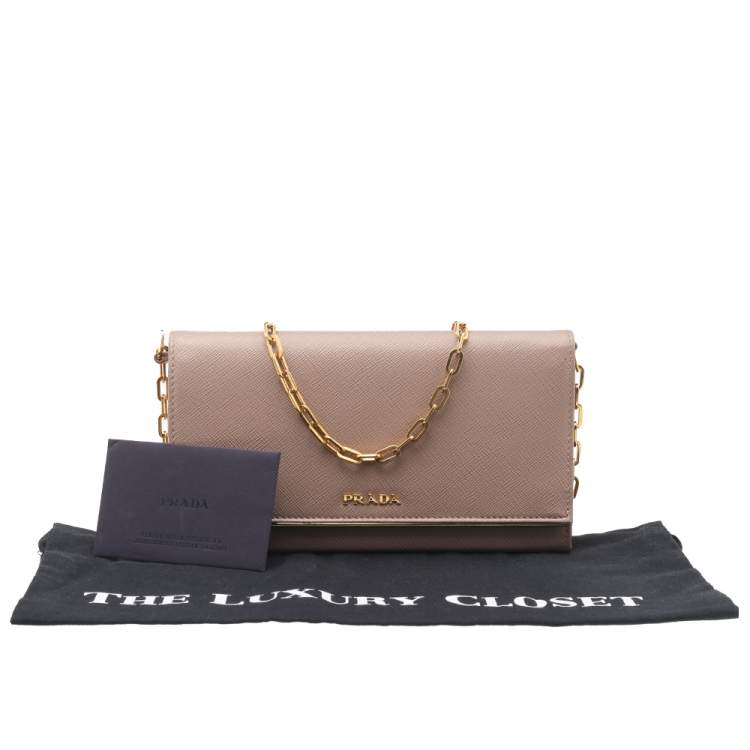 Pre Owned Prada Beige Saffiano Leather Wallet On Chain