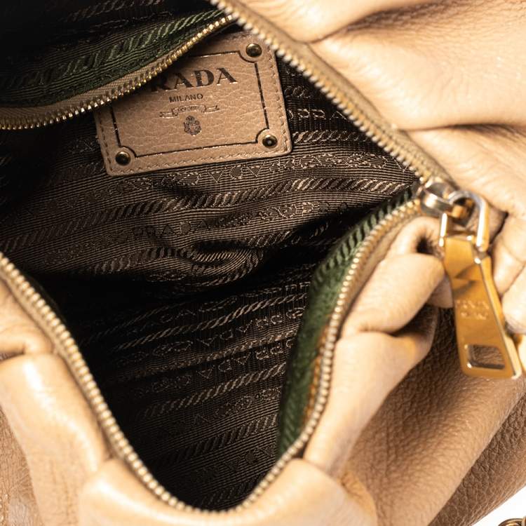 Pre Owned Prada Beige Cervo Lux Leather Woven Chain Hobo