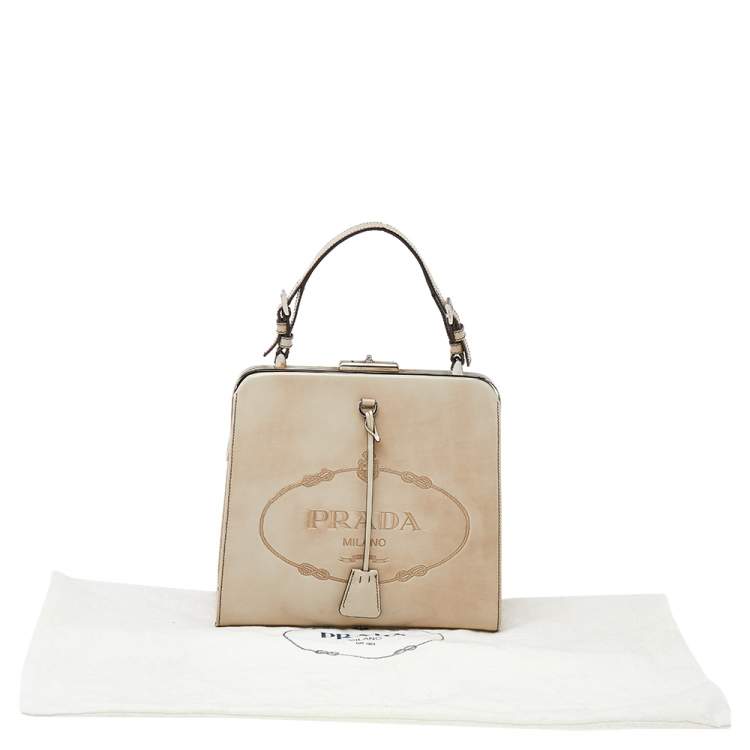Pre Owned Prada Beige Patent Leather Spazzolato Frame Top Handle Bag