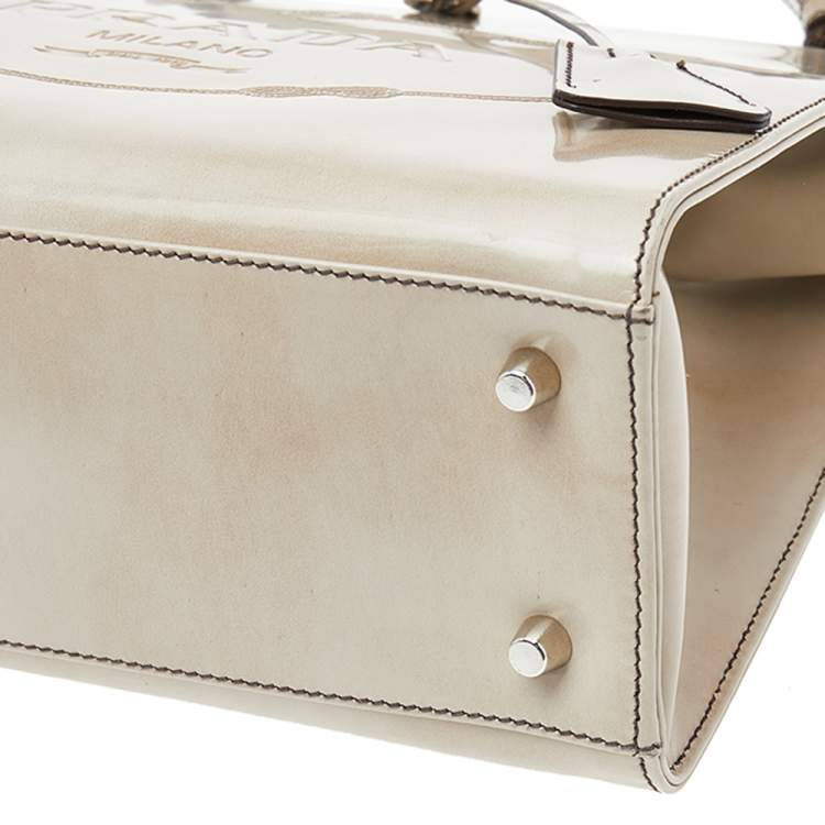 Pre Owned Prada Beige Patent Leather Spazzolato Frame Top Handle Bag
