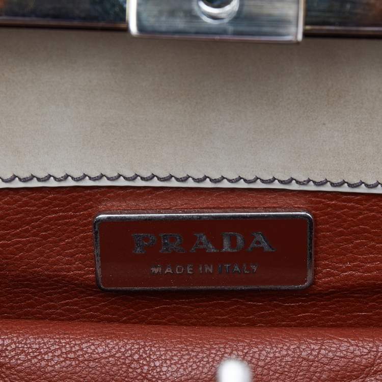 Pre Owned Prada Beige Patent Leather Spazzolato Frame Top Handle Bag
