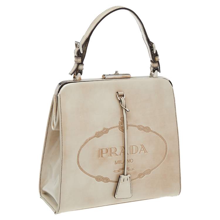 Pre Owned Prada Beige Patent Leather Spazzolato Frame Top Handle Bag
