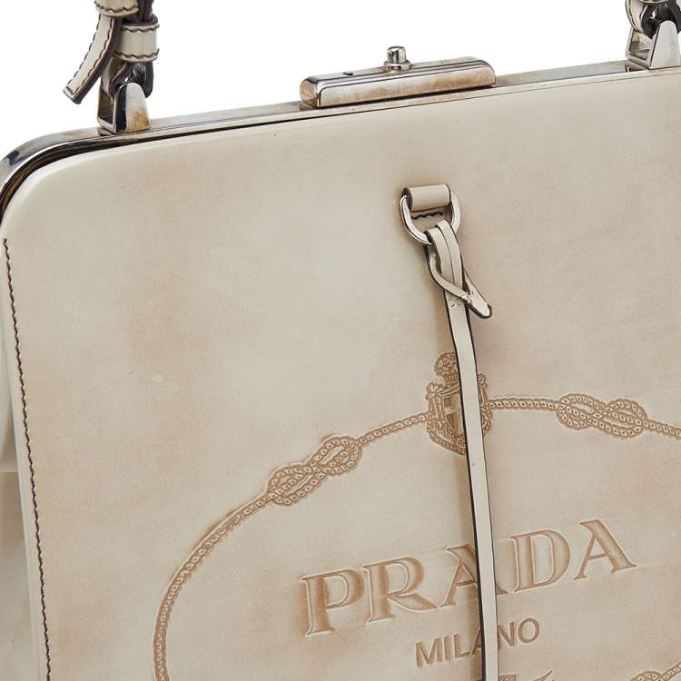 Pre Owned Prada Beige Patent Leather Spazzolato Frame Top Handle Bag