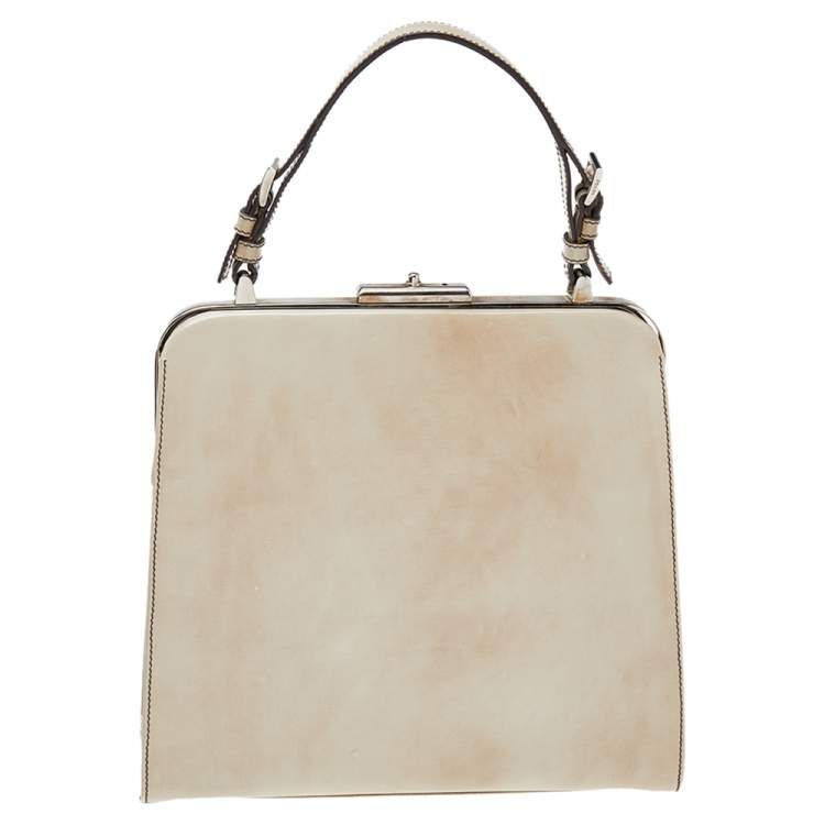 Pre Owned Prada Beige Patent Leather Spazzolato Frame Top Handle Bag