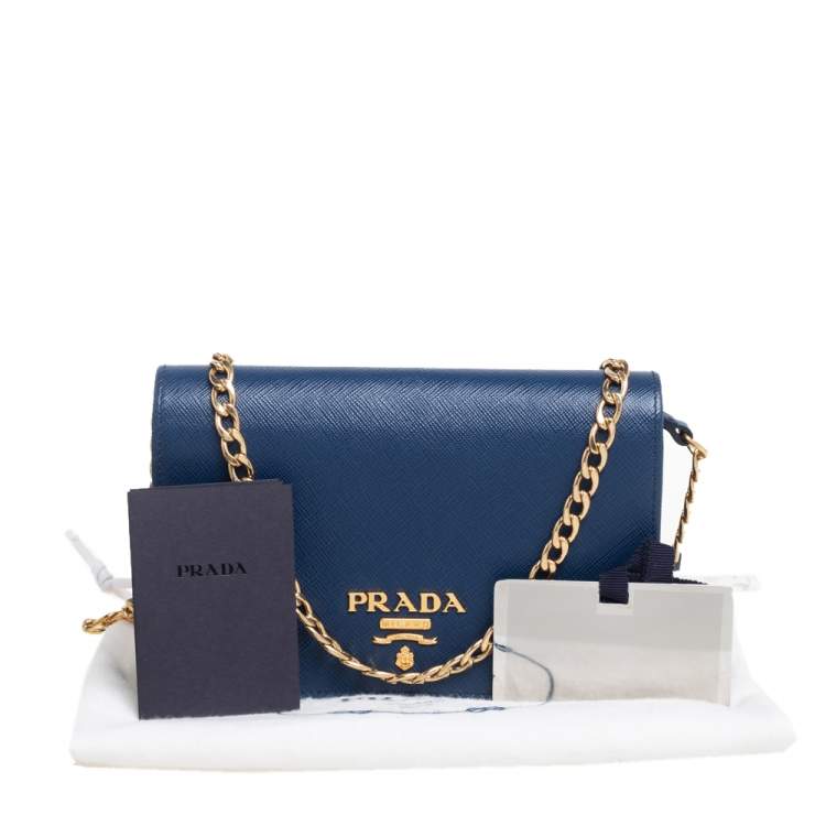 Pre Owned Prada Blue Saffiano Lux Leather Flap Wallet On Chain