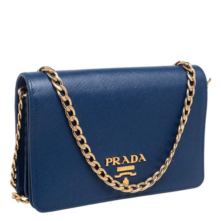 Pre Owned Prada Blue Saffiano Lux Leather Flap Wallet On Chain