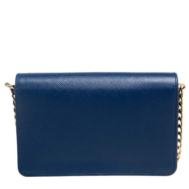Pre Owned Prada Blue Saffiano Lux Leather Flap Wallet On Chain