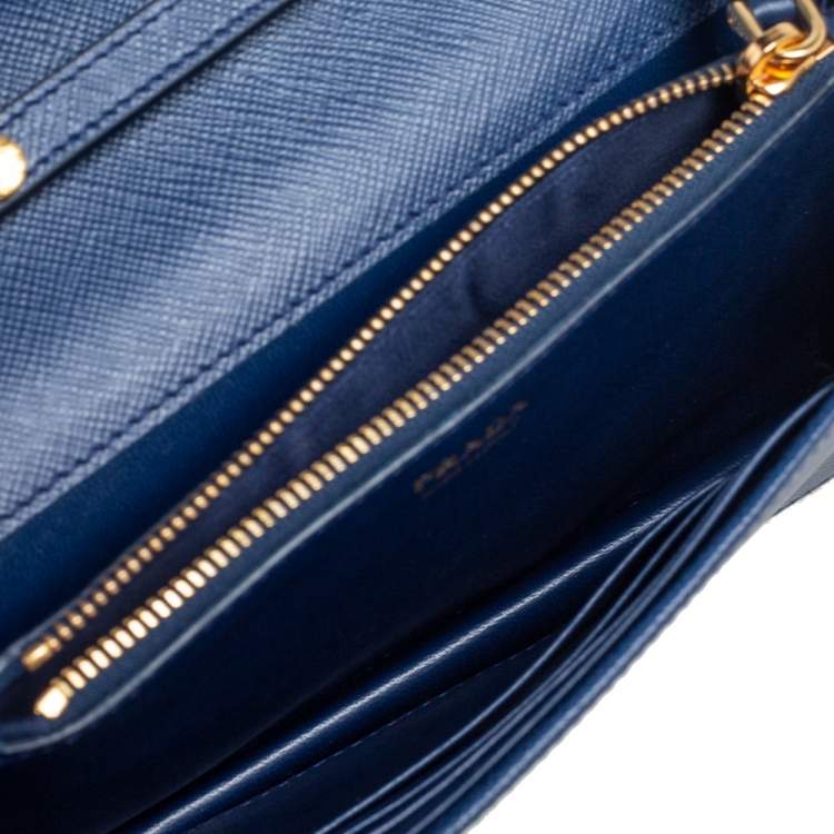 Pre Owned Prada Blue Saffiano Lux Leather Flap Wallet On Chain
