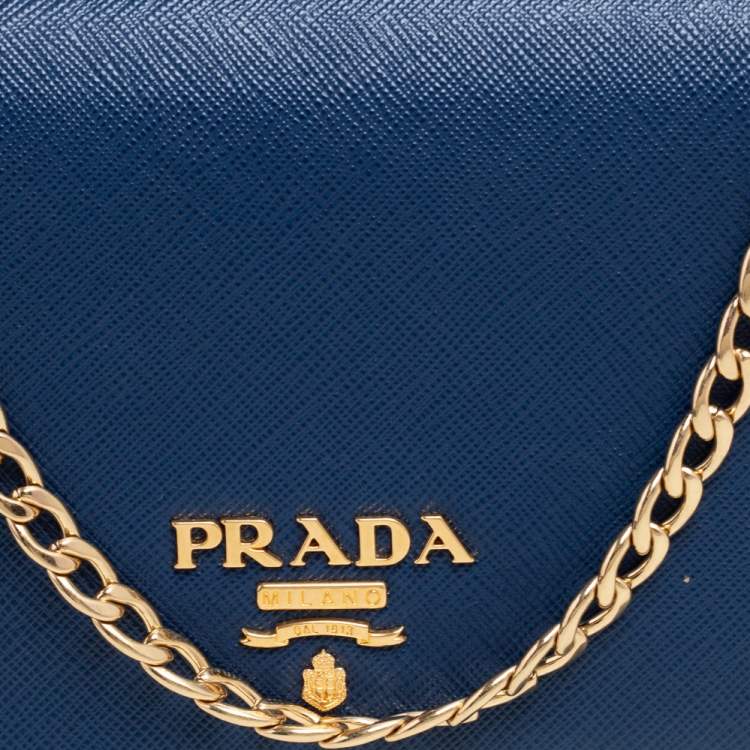 Pre Owned Prada Blue Saffiano Lux Leather Flap Wallet On Chain