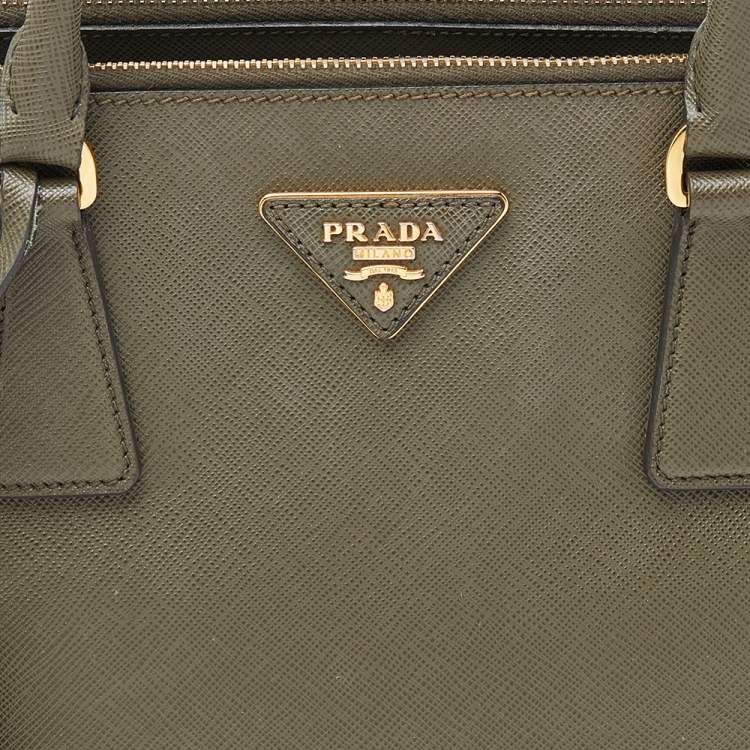 Pre Owned Prada Military Green Saffiano Lux Leather Small Double Zip Tote