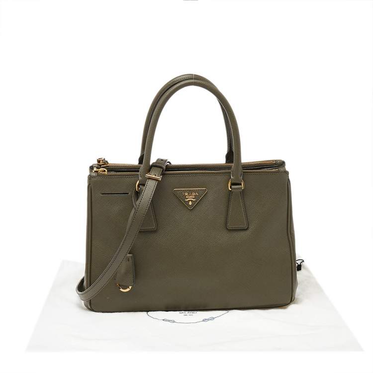Pre Owned Prada Military Green Saffiano Lux Leather Small Double Zip Tote