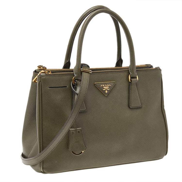 Pre Owned Prada Military Green Saffiano Lux Leather Small Double Zip Tote