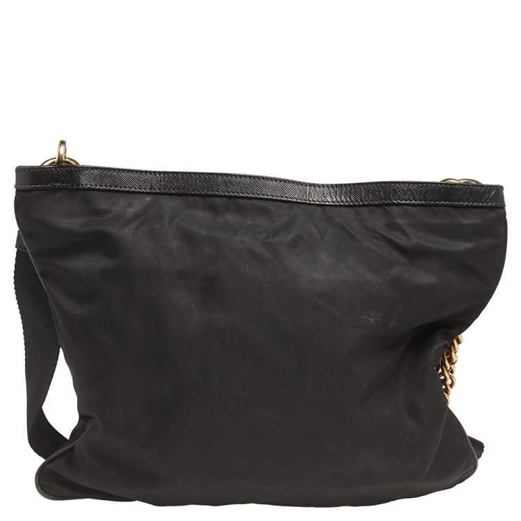 Pre Owned Prada Black Nylon and Leather Trim Dragon Embellished Messenger Bag