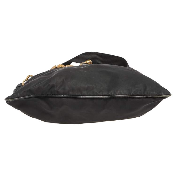 Pre Owned Prada Black Nylon and Leather Trim Dragon Embellished Messenger Bag
