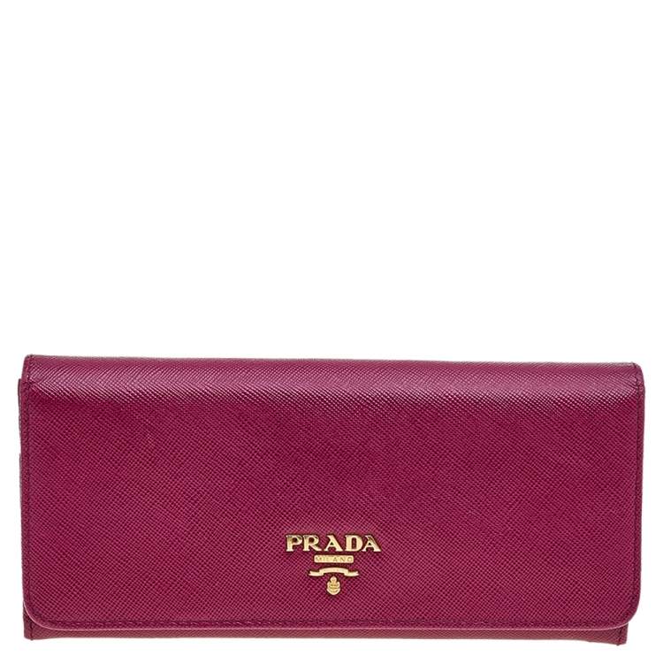 Prada Pink Saffiano Lux Leather Metal Bar Flap Continental Wallet Prada